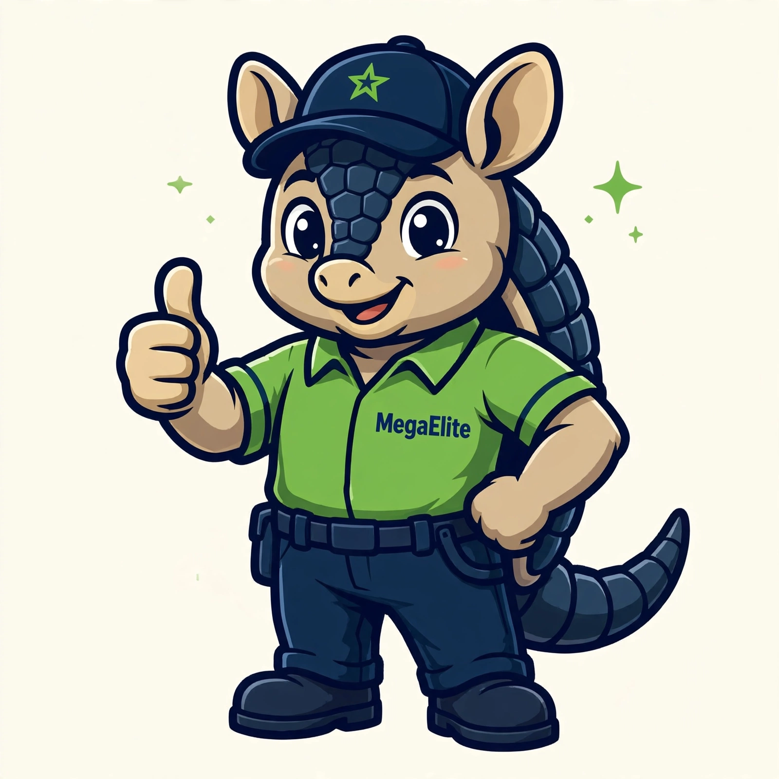 Illustrated MegaElite armadillo mascot in a green polo and navy cap giving a thumbs-up